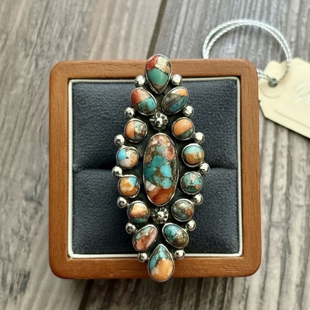 Sterling Silver Turquoise Spiny Oyster Cluster Ring Southwestern New